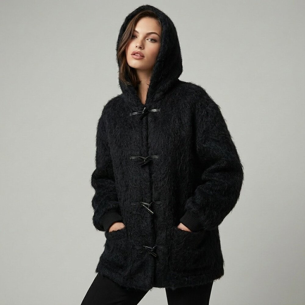 Vintage Shaggy MOHAIR SCOTTISH Wool Hooded Sweater Teddy Coat Size Large